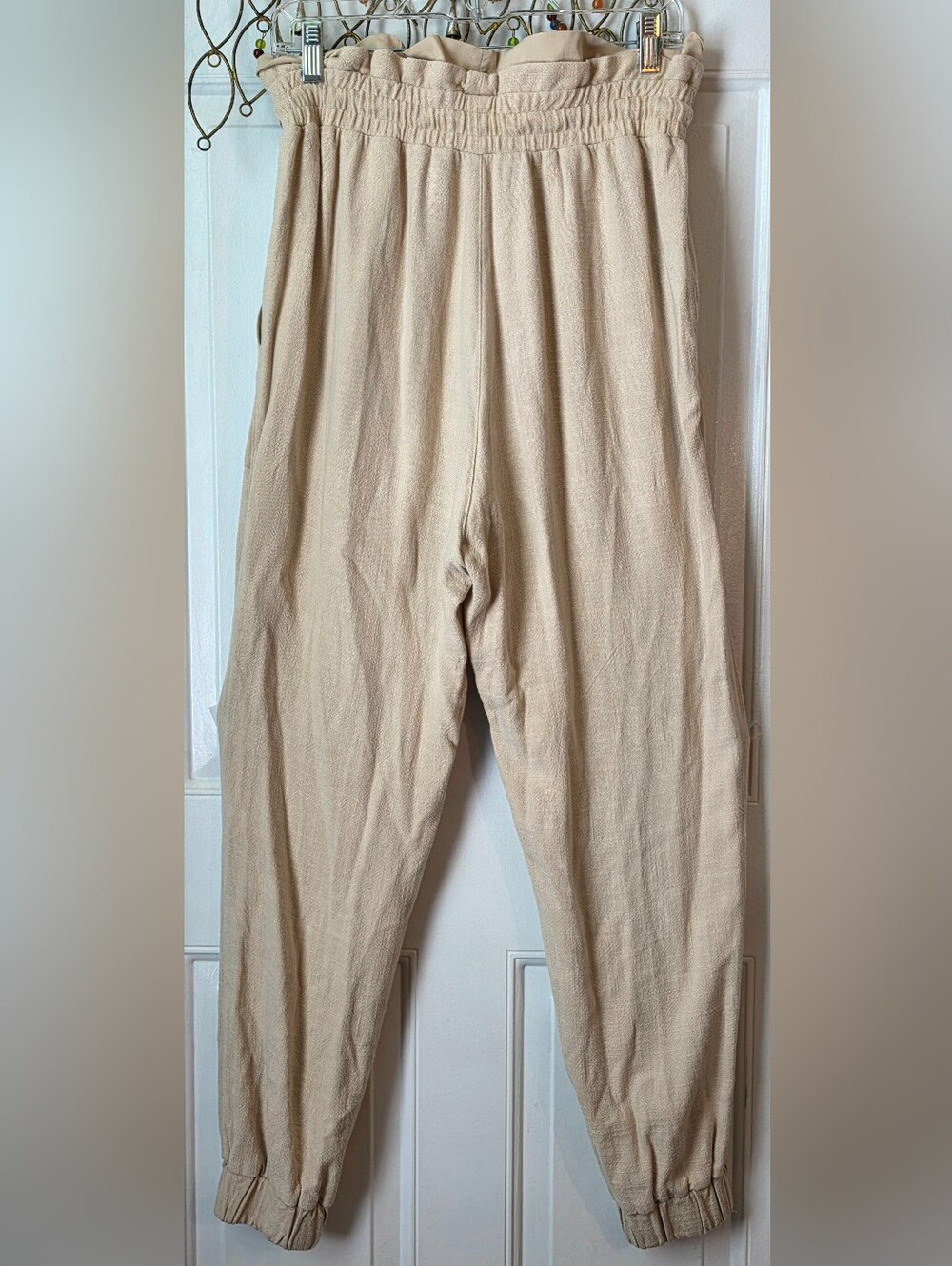 Blank NYC Paperbag Waist Linen Blend Joggers Women's S Tan Ruffled Drawstring - Picture 2 of 13